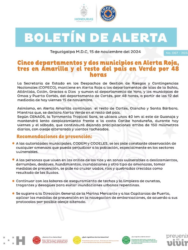 Advertencia acerca de la Tormenta Tropical Sara en Honduras