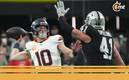 Bo Nix lanza un pase ante la presión de los Raiders (Reuters)