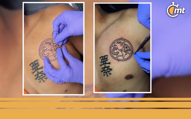 Así es como Kath borda el escudo del América en su cliente. Foto: @kathmich_ink