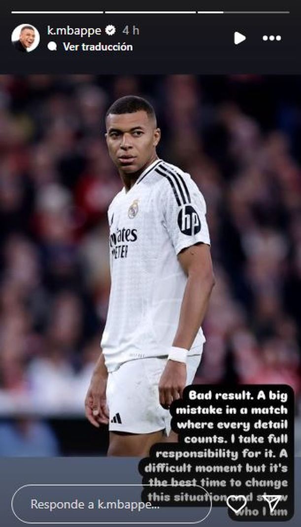 Historia de Mbappé en Instagram tras el juego ante Athletic (@k.mbappe)