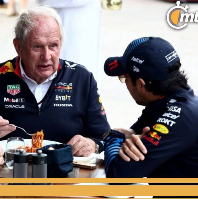 Helmut Marko, Christian Horner y Checo Pérez, en conversación (Reuters)