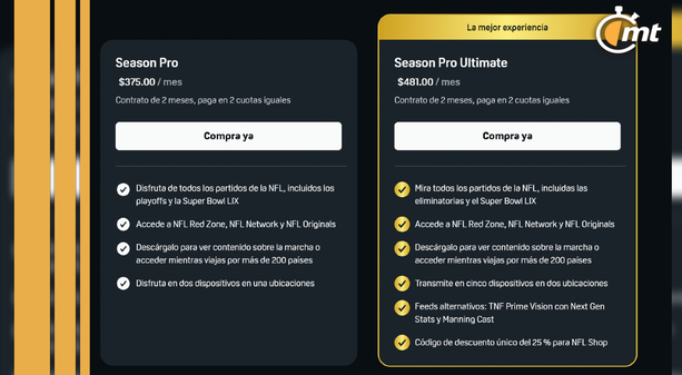 El plan mensual de NFL Gamepass está desde $675 a $875 pesos. Foto: DAZN