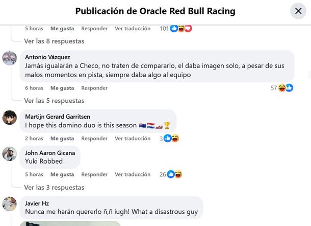 Mensajes en publicación de Red Bull (Facebook @redbullracing)