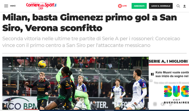 Corriere dello Sport enfocó su atención al primer gol de Santi en San Siro.