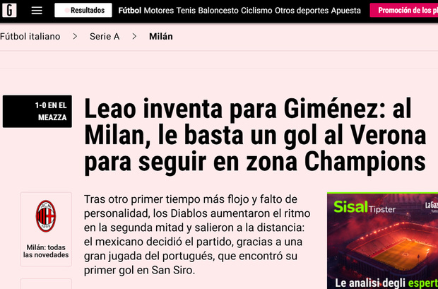 La Gazzetta dello Sport enfocó su ángulo del triunfo del Milan en el gol de Gimenez.