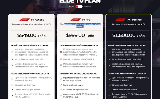 Precios de F1 TV para 2025 (formula1.com)