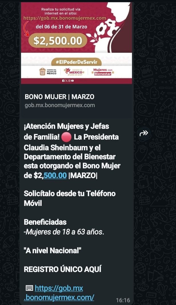 Así lucen algunos mensajes de WhatsApp que son usados para estafar a beneficiarios de pensiones del Bienestar. Foto: @A_MontielR