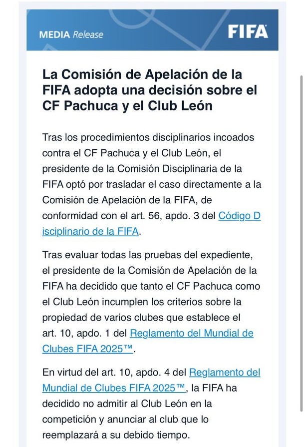 Comunicado de FIFA sobre la exclusión de León del Mundial de Clubes