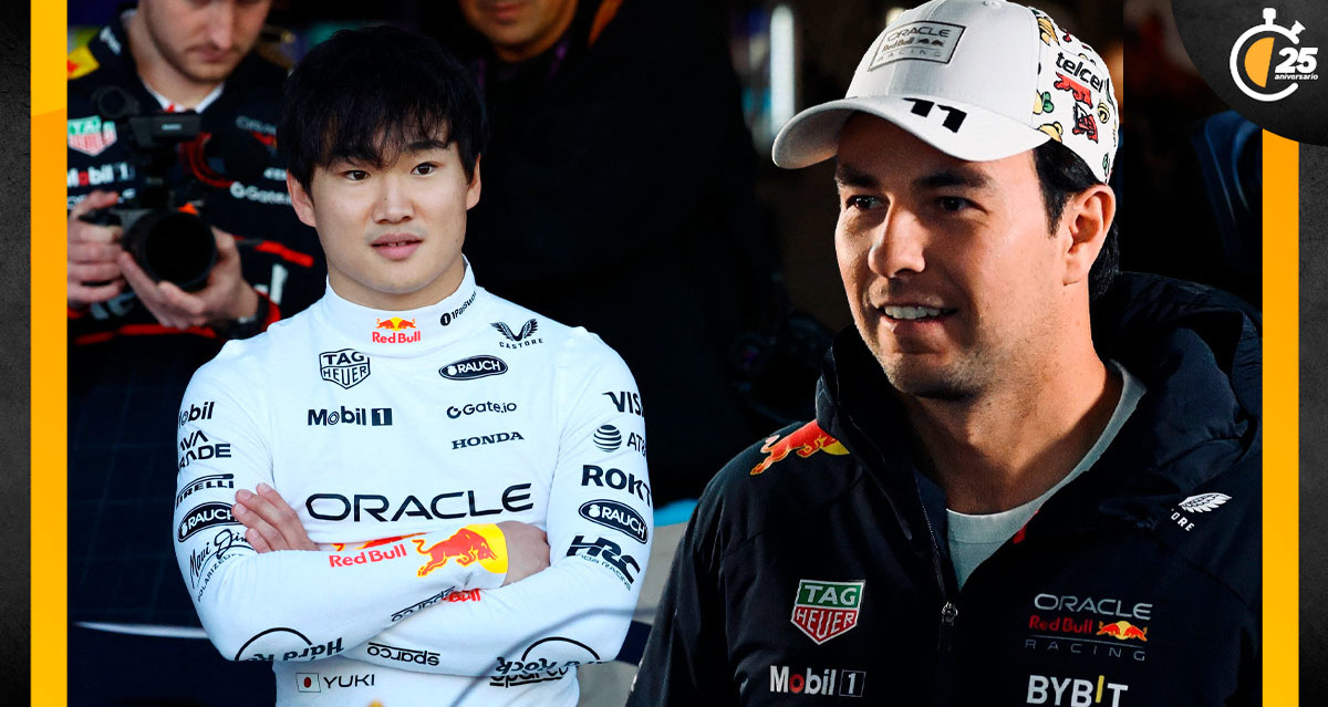 Checo Pérez le mostró su apoyo a Yuki Tsunoda. (Fotos: Reuters y @SChecoPerez)