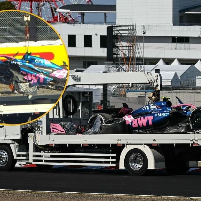Así quedó el Alpine de Jack Doohan tras chocar en la Práctica 2 del GP de Japón (AFP)