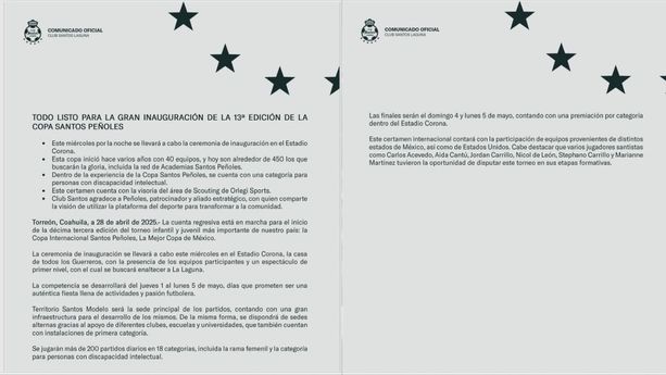 Comunicado Oficial para el inicio de la Copa Santos Peñoles
