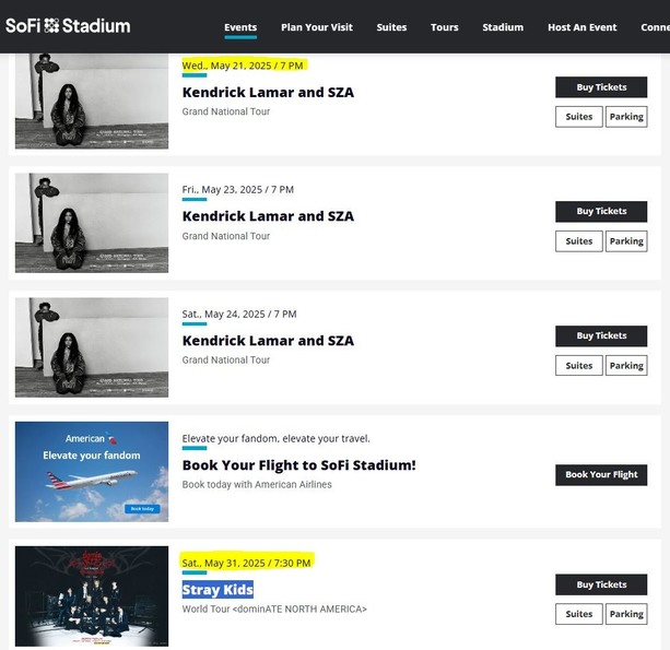 Eventos programados en el SoFi Stadium (sofistadium.com)