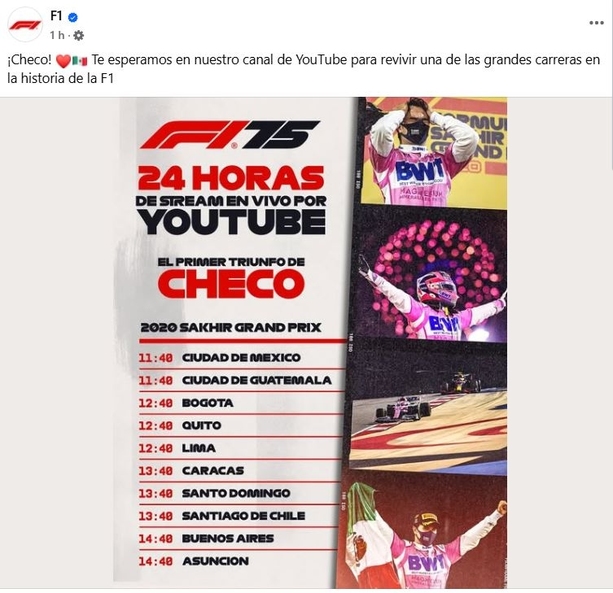 La F1 recordará el primer triunfo de Checo Pérez (Facebook F1)