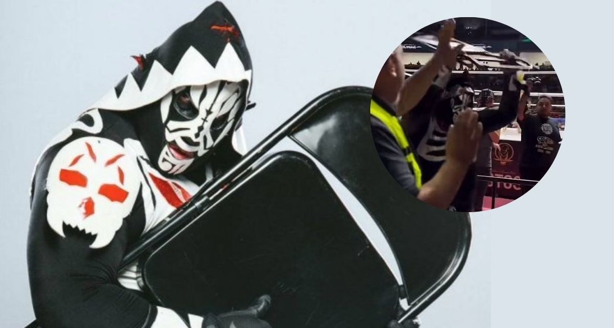 ¡Hasta con la silla! L.A. Park golpea a un aficionado en una función de lucha libre en San Luis Potosí. (FOTO): Especial.