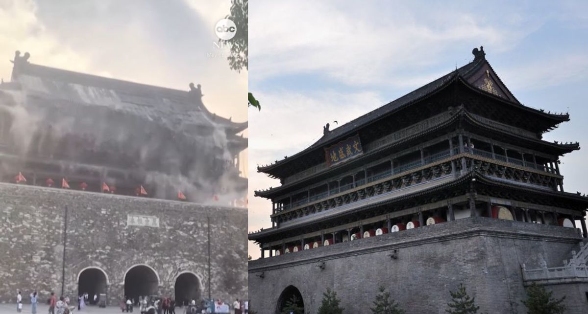 Se derrumba la Torre del Tambor en Zhongdu, China