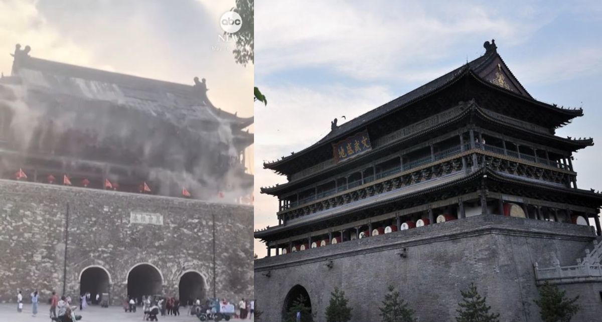Se derrumba la Torre del Tambor en Zhongdu, China