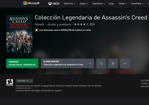 Assassin's Creed Legendary Colection con descuento del 80%. Foto: Xbox