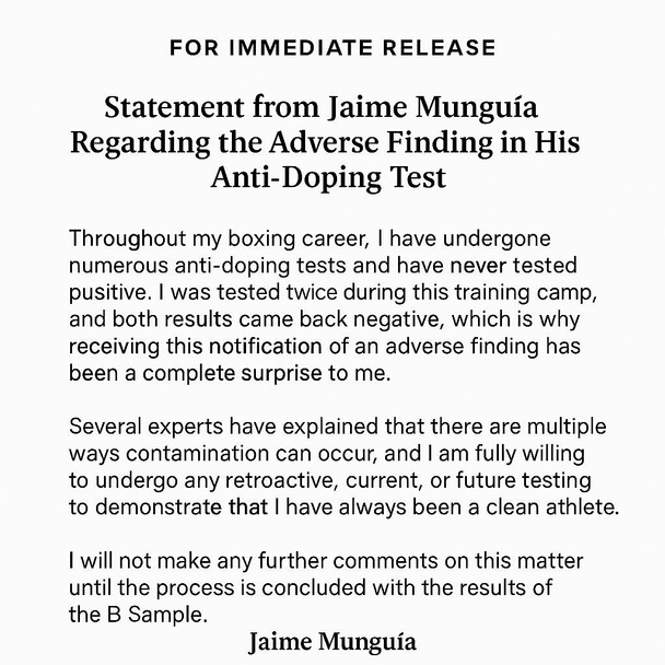 Jaime Munguía compartió un comunicado tras conocer los resultados del examen antidoping.
