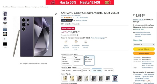 El Samsung S24 Ultra está a sólo $16 mil 899 pesos MXN en Amazon por el Hot Sale 2025. Foto: Amazon