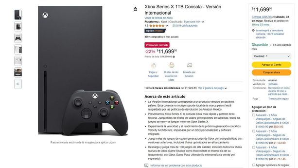 Esta Xbox Series X es la versión internacional y tiene la garantía de devolución de Amazon. Foto: Amazon