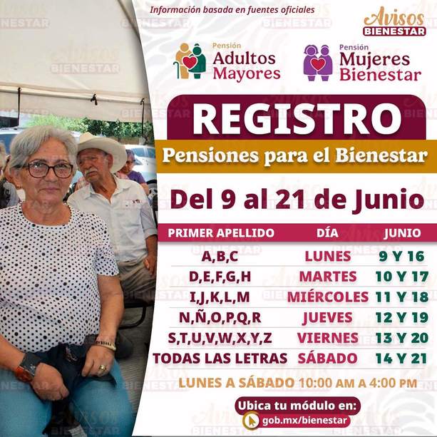 Calendario de registro Pensión del Bienestar durante junio 2025. Foto: Avisos Bienestar