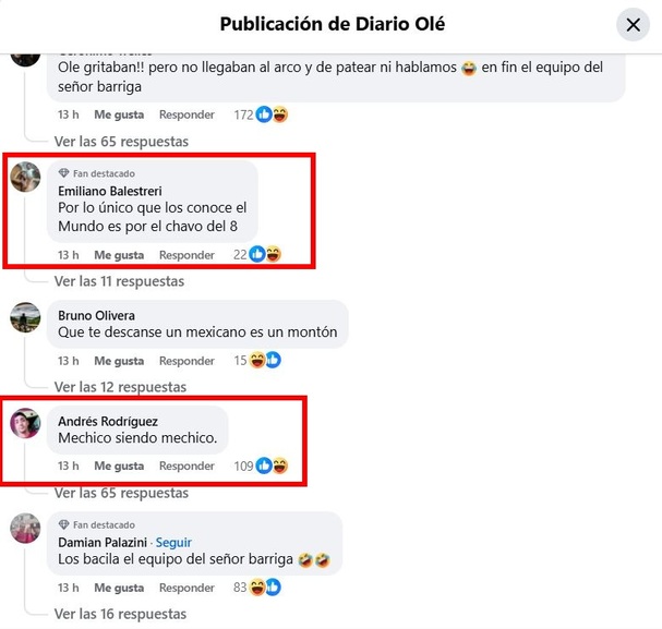 Mensajes de aficionados argentinos en posteo del medio Olé (Captura)