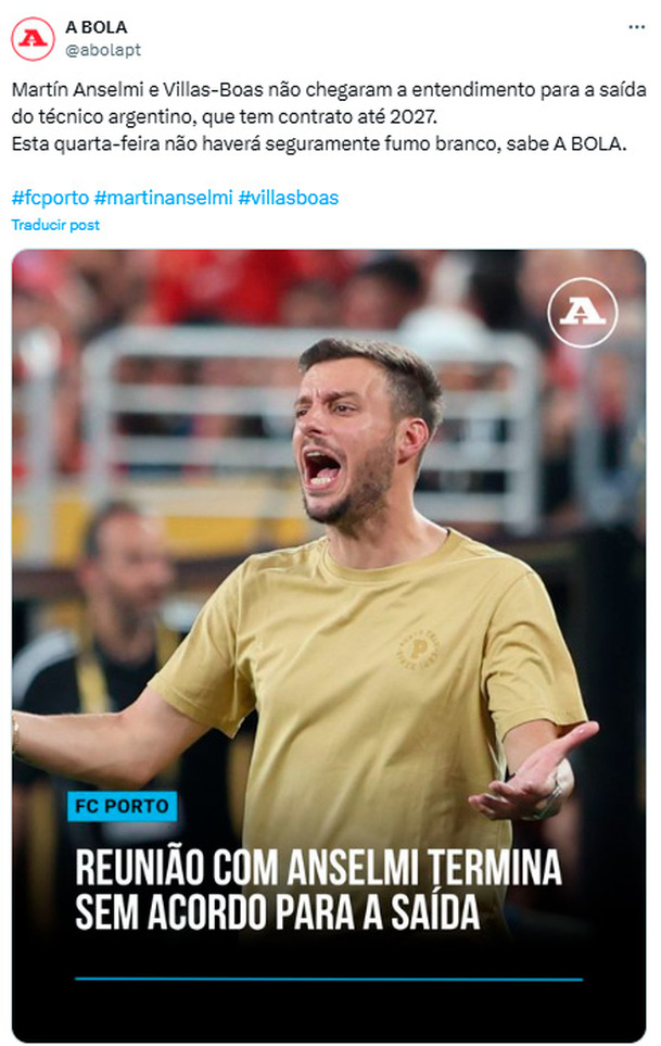 A Bola asegura que Anselmi ya fue informado de su salida del Porto.