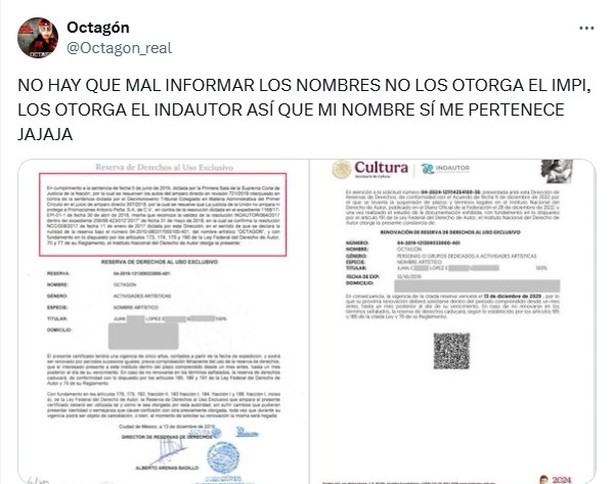 Octagón muestra los documentos de su nombre profesional