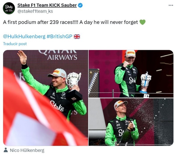 Nico Hülkenberg subió al podio en Silverstone (X @stakef1team_ks)