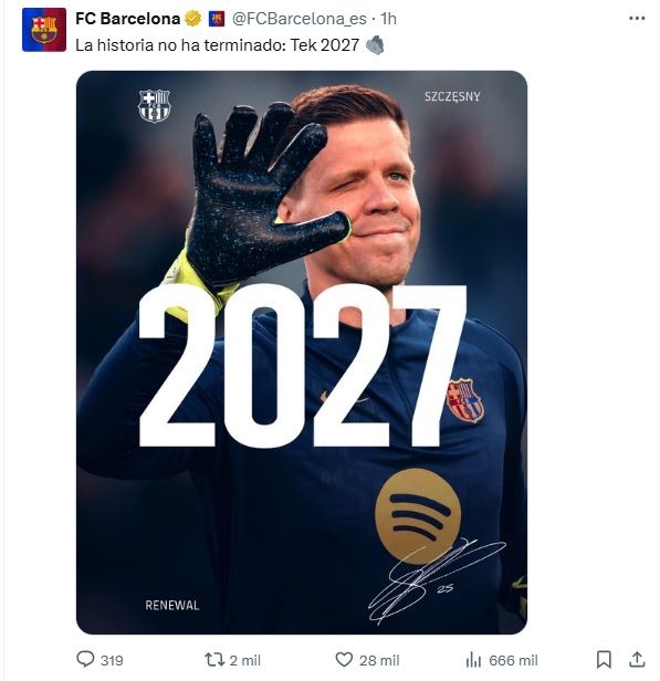 Barcelona renovó a Szczęsny (X @FCBarcelona_es)