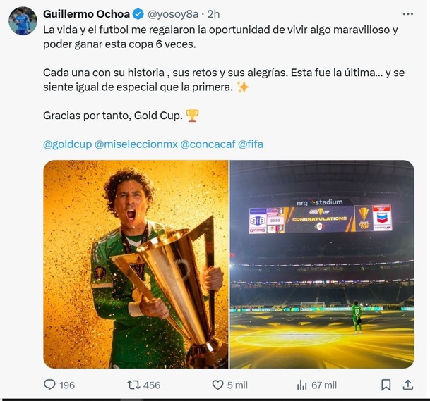 Mensaje de Memo Ochoa con el que se despidió de la Copa Oro (X @yosoy8a)