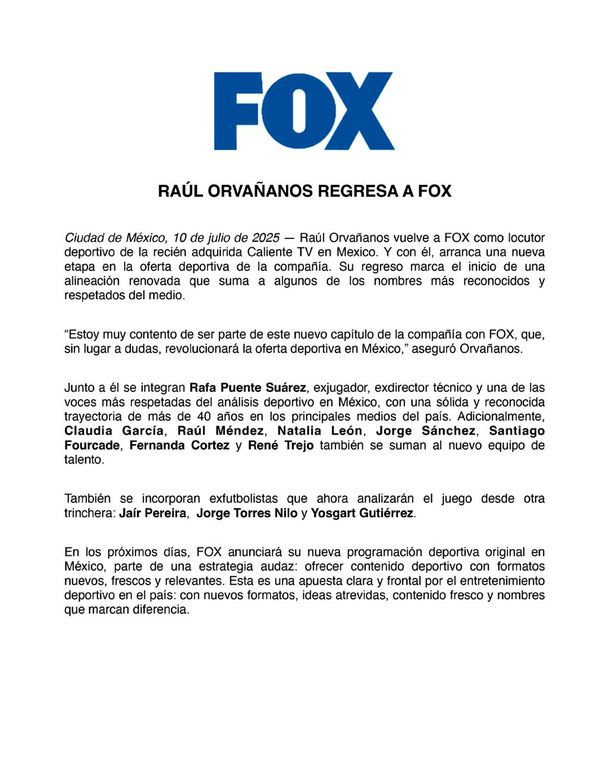 Fox anunció su equipo de transmisiones en un comunicado.