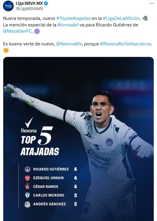Ricardo Gutiérrez se lució con 4 atajadas en la J1 del AP2025 (X @LigaBBVAMX)