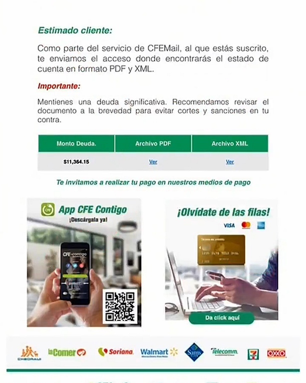 Así lucen los correos apócrifos de CFE que buscan vaciar tus cuentas bancarias.