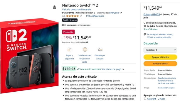 Nintendo Switch 2 tiene un descuento de 15% y puede ser comprada hasta en 15 meses sin intereses. Foto: Amazon