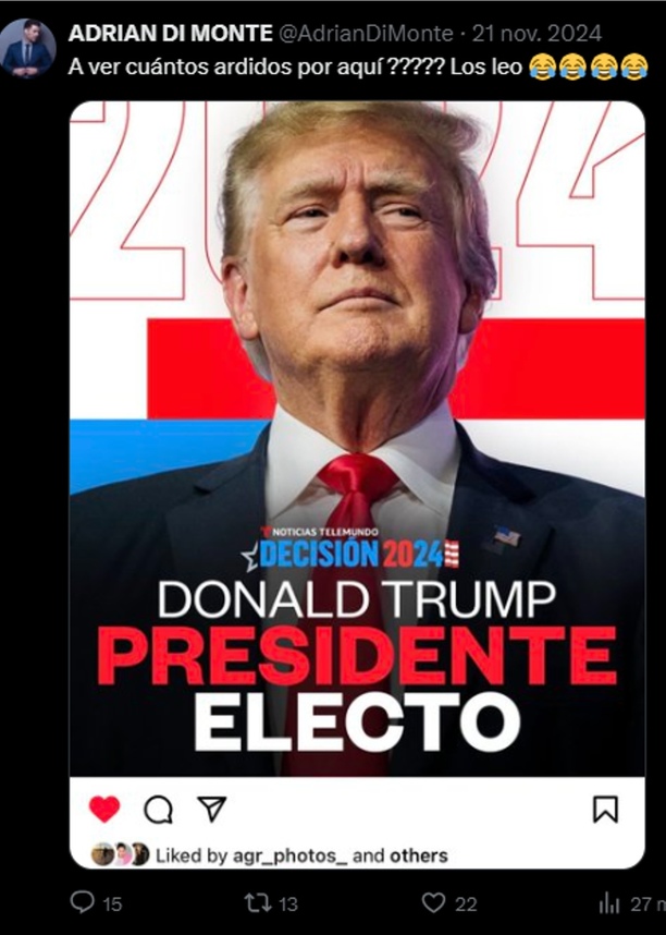 Adrián Di Monte celebró la victoria presidencial de Donald Trump en su cuenta personal de X. Foto: @AdrianDiMonte