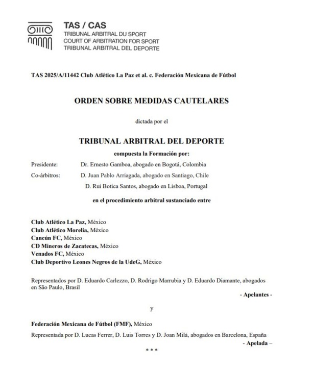 Comunicado del TAS sobre caso entre Liga de Expansión MX y FMF (Captura)