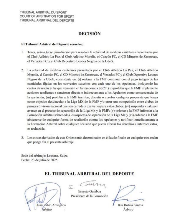 Comunicado del TAS sobre caso entre Liga MX y Expansión MX (Captura)