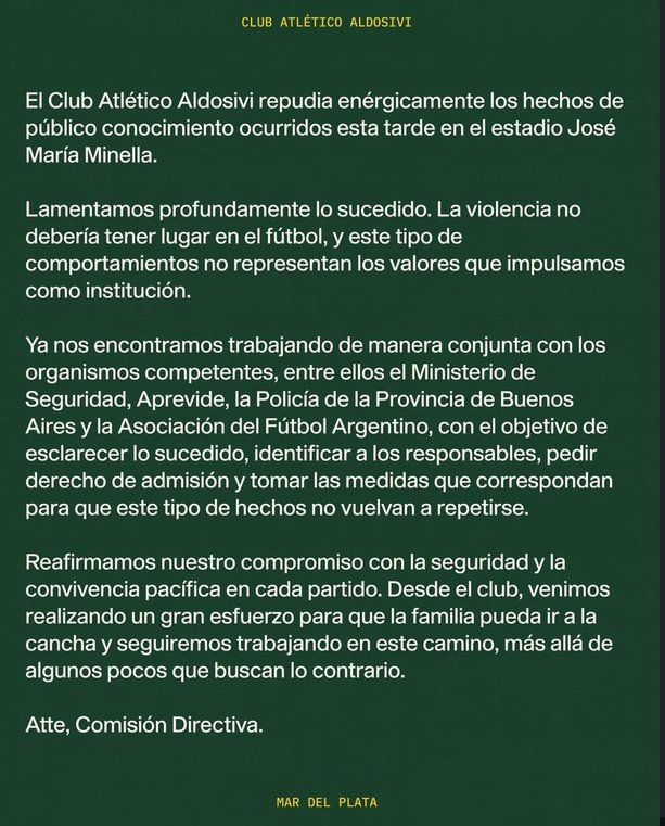 Comunicado del Aldosivi sobre la violencia en su estadio