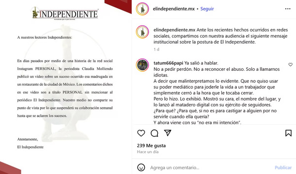 La carta del periódico Independiente dando su postura.