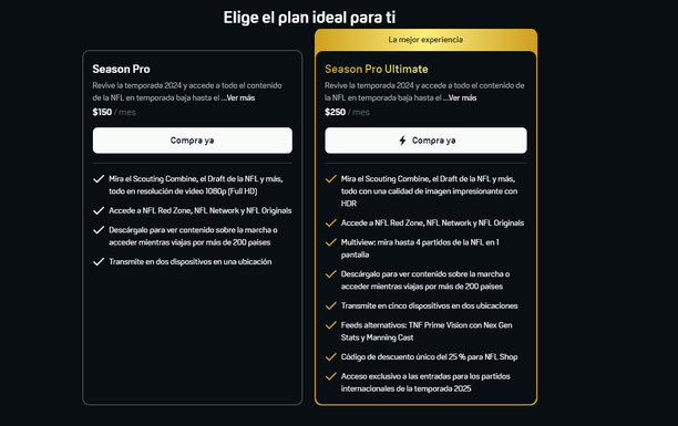 NFL Game Pass tiene dos paquetes para los aficionados que quieran contratarlo. Foto: DAZN