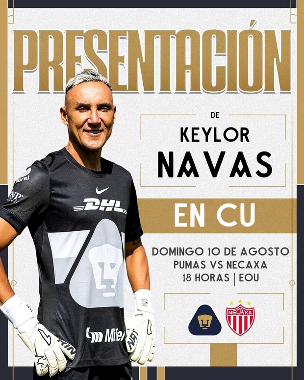 Keylor Navas sera presentado este domingo ante su afición. Foto:@PumasMX