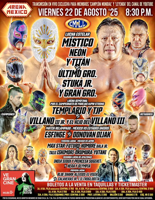 Cartelera del 22 de agosto en Arena México.