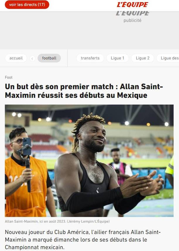 Allan Saint-Maximin en el diario L'Equipe (Captura)