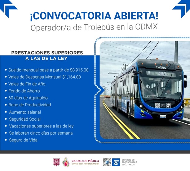 Estas son los beneficios que ofrece la vacante de Operador de Trolebús en CDMX. Foto: STECDMX