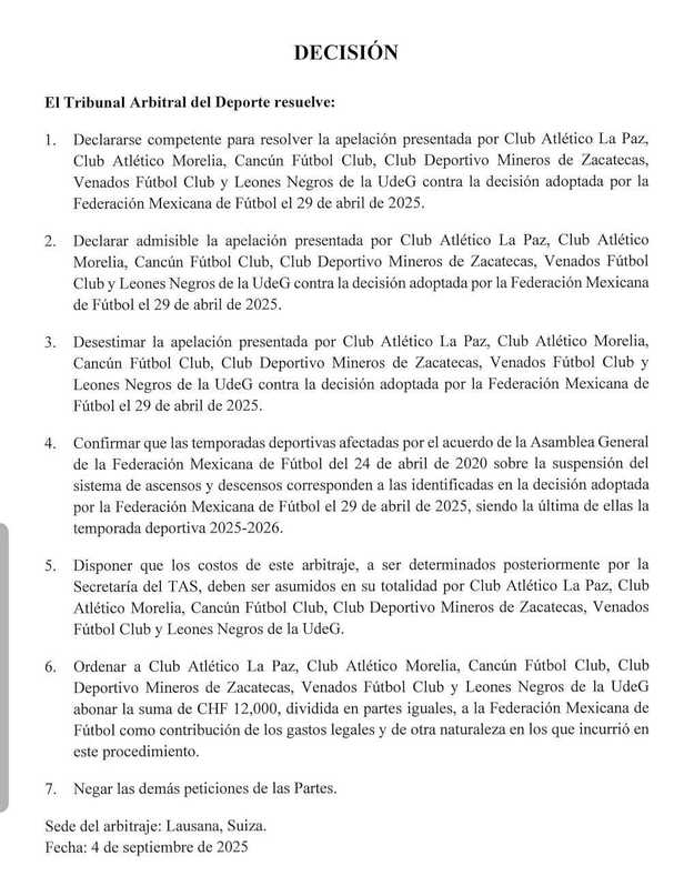 Los clubes de Expansión ahora tienen que pagar gastos por llevar el tema al TAS.