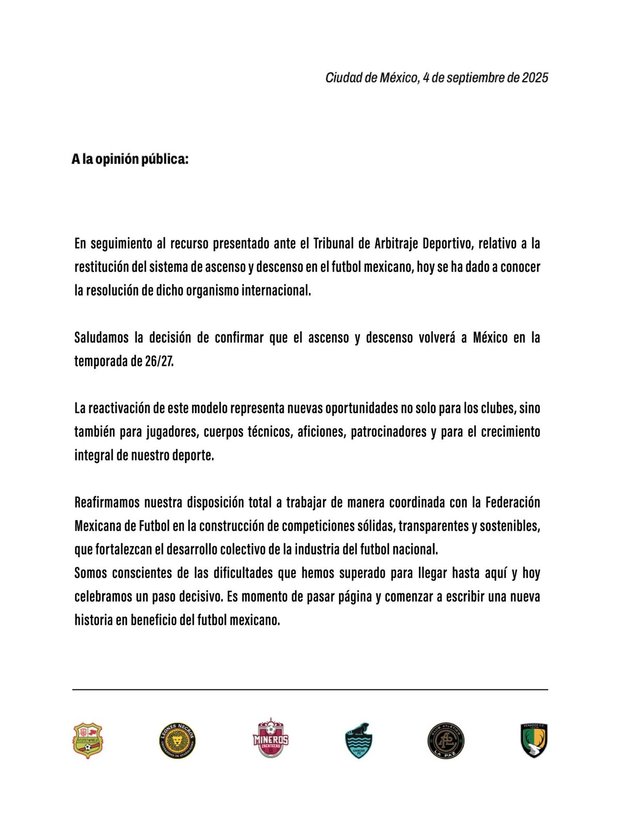 El comunicado lanzado por los clubes de Liga de Expansión.