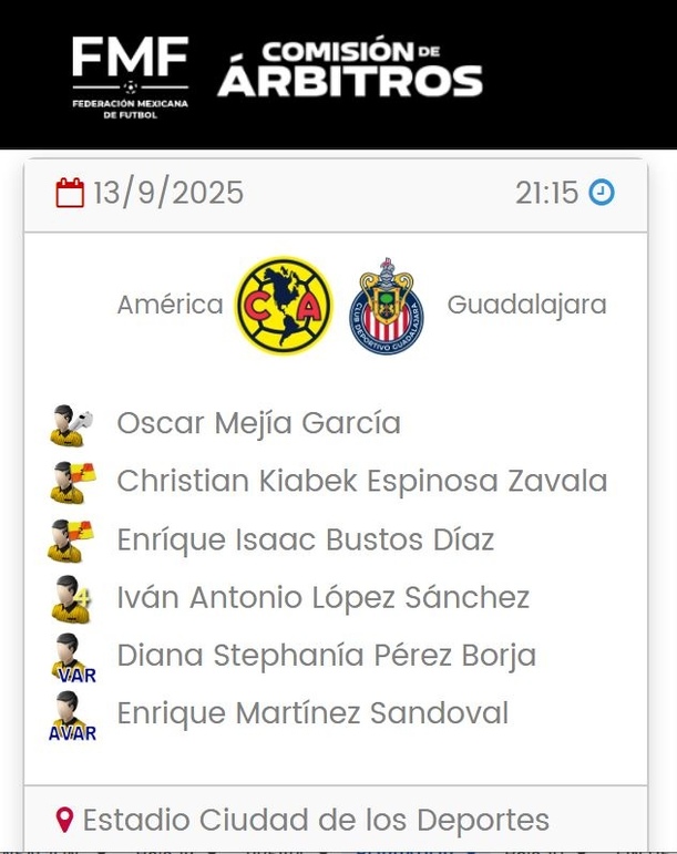 Designación de árbitros para Clásico Nacional (arbitraje.fmf.mx)