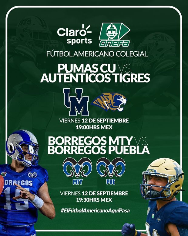 Estos son los hroarios y transmision confirmados de los partidos de esta jornada 2 de la Liga MAYOR DE LA ONEFA. Foto: @ClaroSports