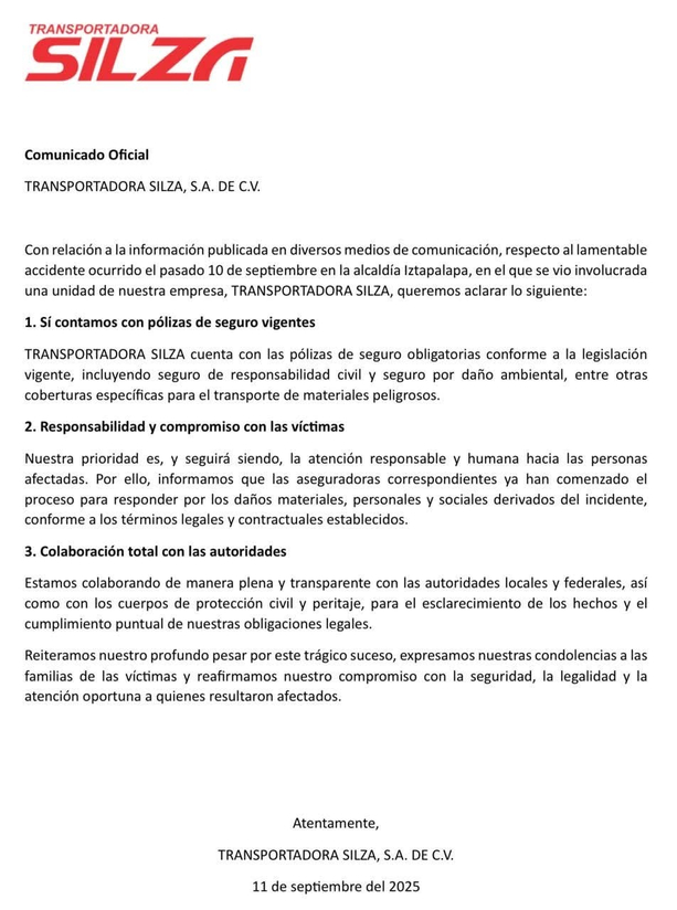 Transportadora Silza detalló cómo tomará responsabilidad tras explosión de pipa en Iztapalapa. Foto: Transportadora Silza S.A. de C.V.